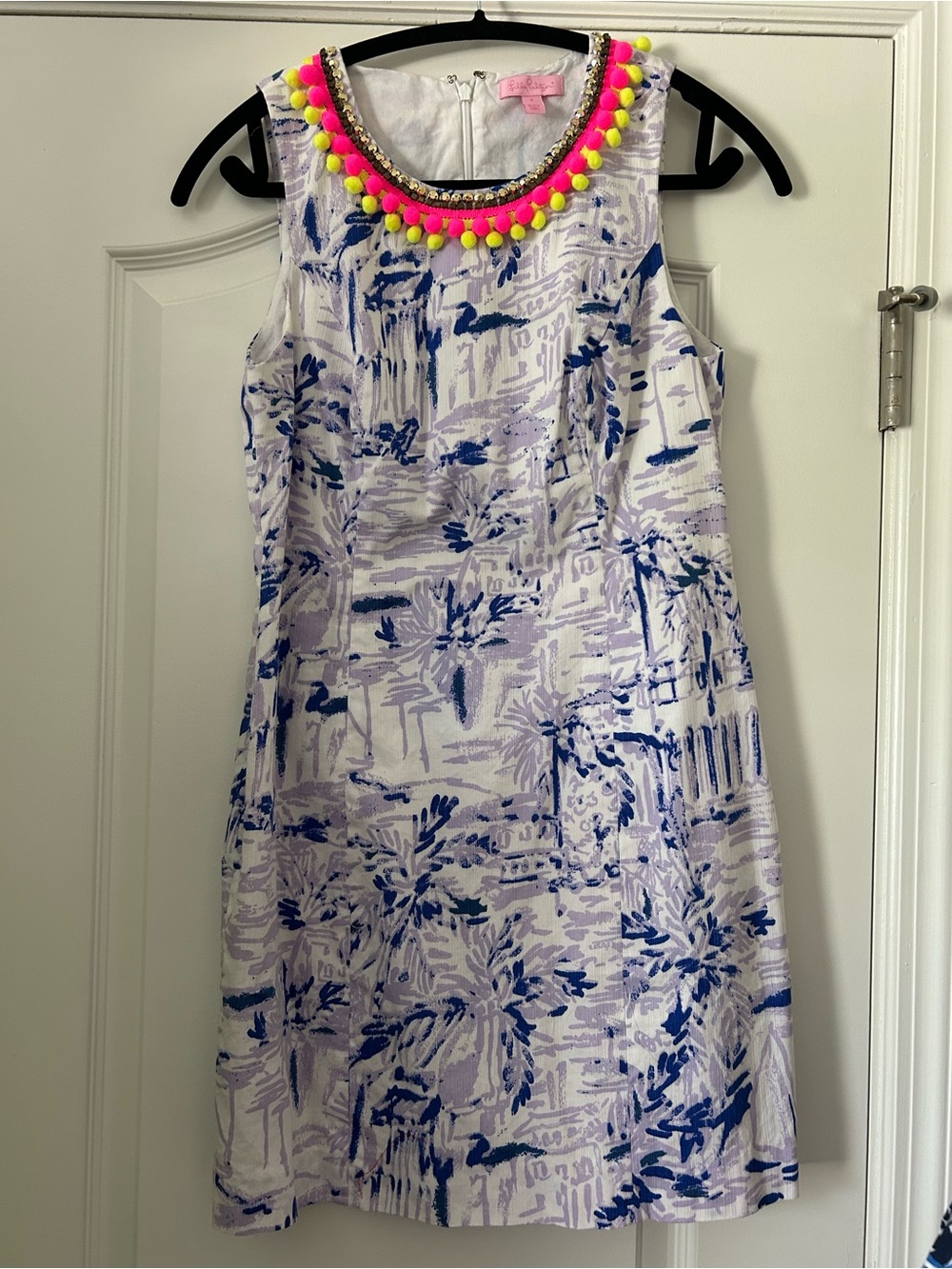 Lilly Pulitzer Mila Shift Dress Lilac Verben Rock the Dock Pom-Pom Neckline